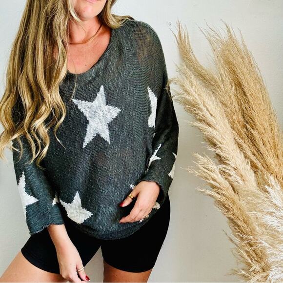 WISHLIST NORDSTROM Grey Gray White Stars Bold Chunky Knit Pullover Sweater M L - Picture 1 of 12